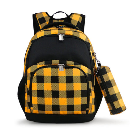 Wholesale Comfort School Backpack from Red To Purple Wholesale, featuring yellow-black buffalo check-printed fabric with black trims, ideal for everyday use.

