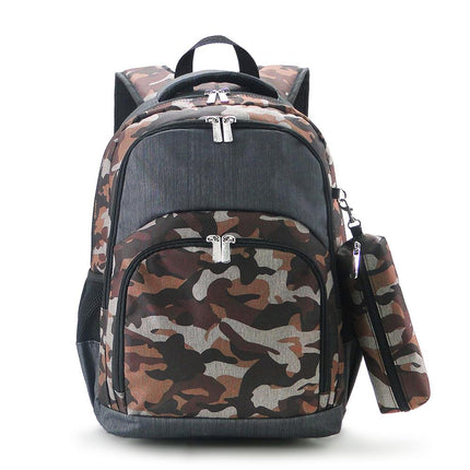 Wholesale Comfort School Backpack from Red To Purple Wholesale, featuring brown camouflage fabric with grey chambray,  ideal for everyday use.