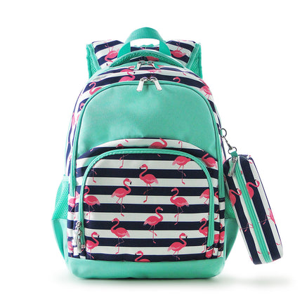 Wholesale Comfort School Backpack from Red To Purple Wholesale, featuring flamintos and stripes printed fabric with mint trims, ideal for everyday use.