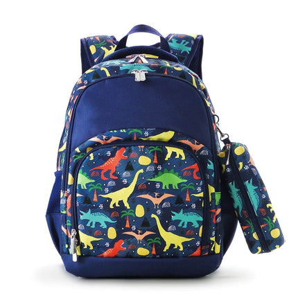 Wholesale Comfort School Backpack from Red To Purple Wholesale, featuring dinosaur-printed fabric with navy trims, ideal for everyday use.

