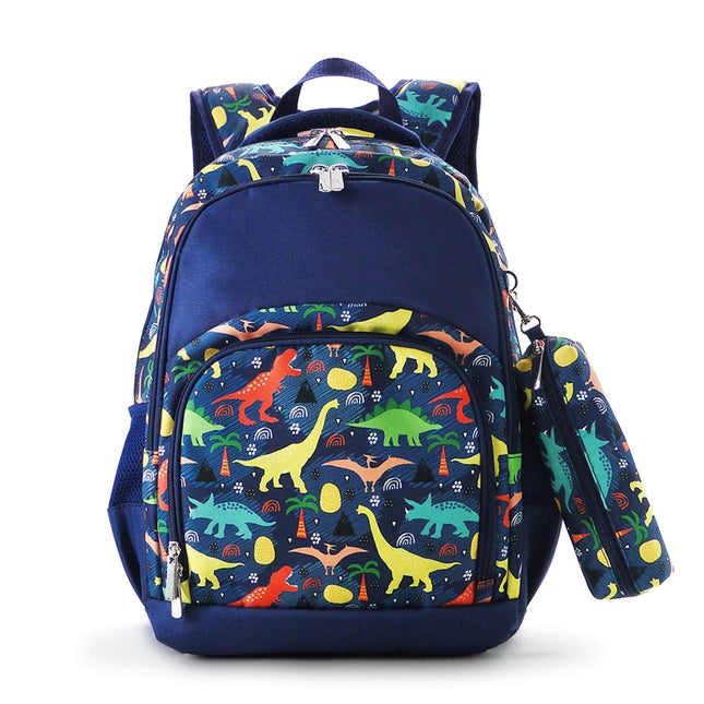 Wholesale Comfort School Backpack from Red To Purple Wholesale, featuring dinosaur-printed fabric with navy trims, ideal for everyday use.

