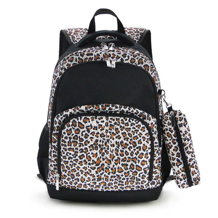Wholesale Comfort School Backpack from Red To Purple Wholesale, featuring leapard-printed fabric with black trims, ideal for everyday use.