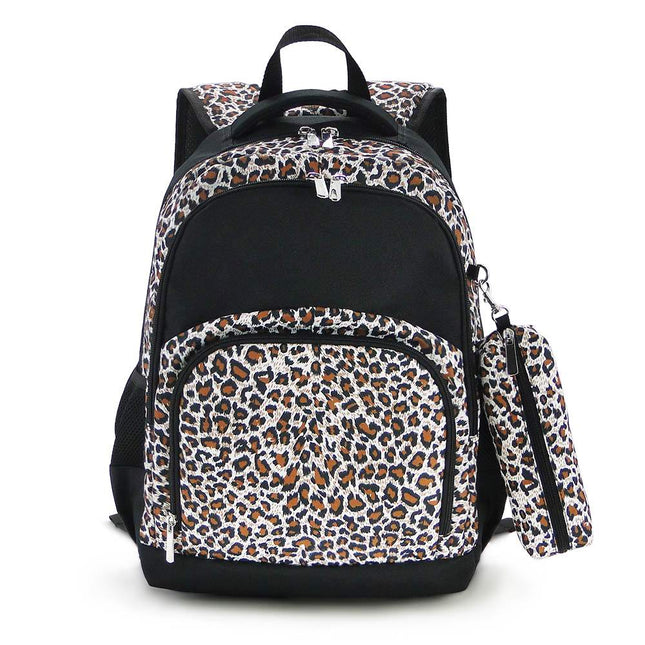 Wholesale Comfort School Backpack from Red To Purple Wholesale, featuring leapard-printed fabric with black trims, ideal for everyday use.