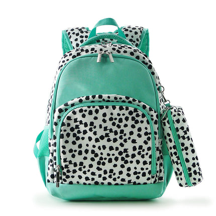 Wholesale Comfort School Backpack from Red To Purple Wholesale, featuring spotty dog-printed fabric with mint trims, ideal for everyday use.