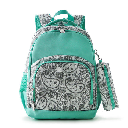 Wholesale Comfort School Backpack from Red To Purple Wholesale, featuring grey paisley printed fabric with mint trims, ideal for everyday use.