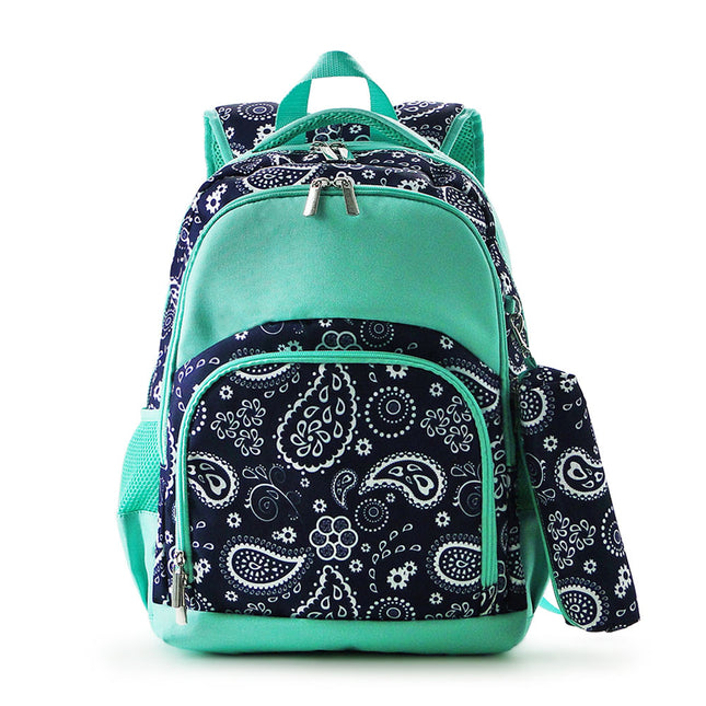 Wholesale Comfort School Backpack from Red To Purple Wholesale, featuring navy/white paisley printed fabric with mint trims, ideal for everyday use.