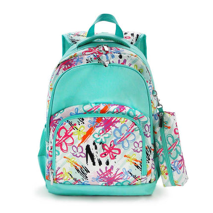 Wholesale Comfort School Backpack from Red To Purple Wholesale, featuring painted floral printed fabric with mint trims, ideal for everyday use.