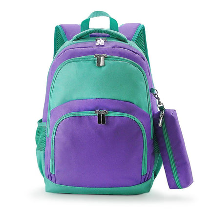 Wholesale Comfort School Backpack from Red To Purple Wholesale, featuring purple and mint fabric, ideal for everyday use.