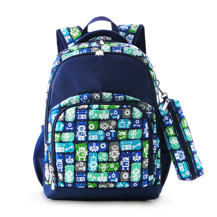 Wholesale Comfort School Backpack from Red To Purple Wholesale, featuring robot-printed fabric with navy trims,  ideal for everyday use.