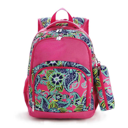 Wholesale Comfort School Backpack from Red To Purple Wholesale, featuring swirl floral printed fabric with hot pink trims, ideal for everyday use.