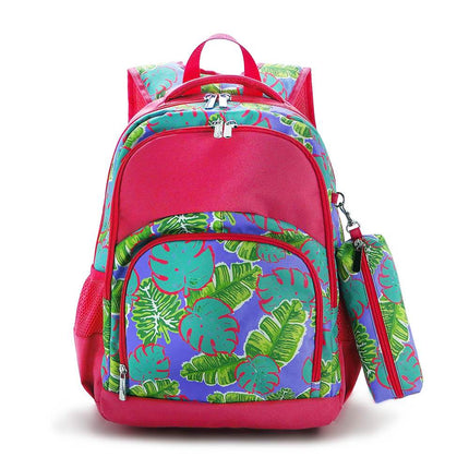 Wholesale Comfort School Backpack from Red To Purple Wholesale, featuring tropical leaves printed fabric with hot pink trims, ideal for everyday use.
