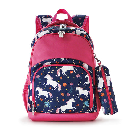 Wholesale Comfort School Backpack from Red To Purple Wholesale, featuring unicorn-printed fabric with hot pink trims, ideal for everyday use.